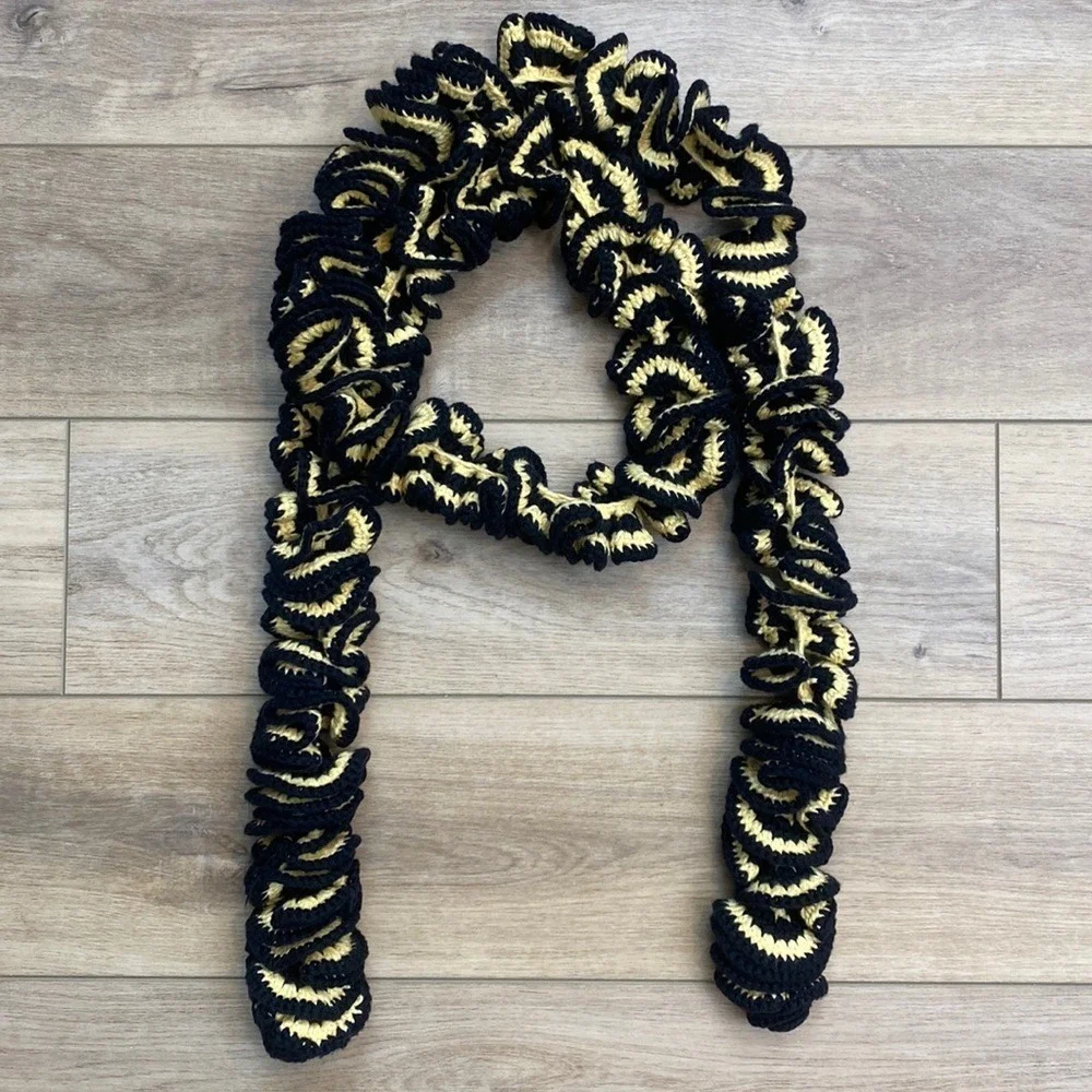 Hand Knit Spiral Ruffle Scarf Black Butter Yellow Boho Skinny Scarf